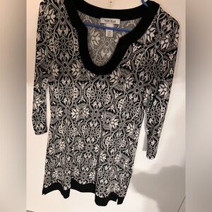 White House Black Market Tunic Top Black White Paisley 3/4 Sleeve Womens Size S